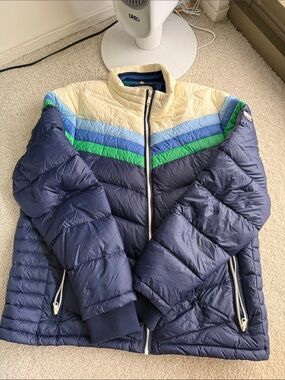 Marine Layer Navy Blue Puffer Jacket with Cream, Light Blue & Green Chevron